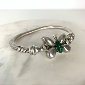 Sterling Silver Cable Bracelet Malachite Stone Butterfly Taxco Mexico 925 Vtg